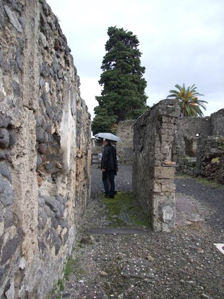 VI.10.2 Pompeii. March 2009. Looking east along corridor at side of tablinum. According to Jashemski, a corridor to the left of the tablinum (excavated in 1827) led to the narrow portico. This was supported by four columns on the north, which enclosed the garden on the west, north and east. The triclinium at the rear of the garden was completely open to the garden. See Jashemski, W. F., 1993. The Gardens of Pompeii, Volume II: Appendices. New York: Caratzas. (p.141)
