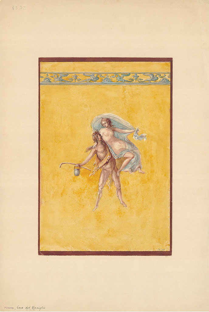 VI.10.11 Pompeii. Copy of wall painting of satyr and maenad, oecus/triclinium.
DAIR 83.32. Photo © Deutsches Archäologisches Institut, Abteilung Rom, Arkiv. 
See http://arachne.uni-koeln.de/item/marbilder/5022207
The painting has Casa del Naviglio written on the bottom left.
The Satyr holds a pedum and a bucket, the Maenad does not hold anything in her left hand.
The drawings below show the Satyr holding a bucket, but no pedum – the Maenad is holding a stick/baton.
The DAIR however identifies the above painting as being from V.1.18. The above is also shown there.



