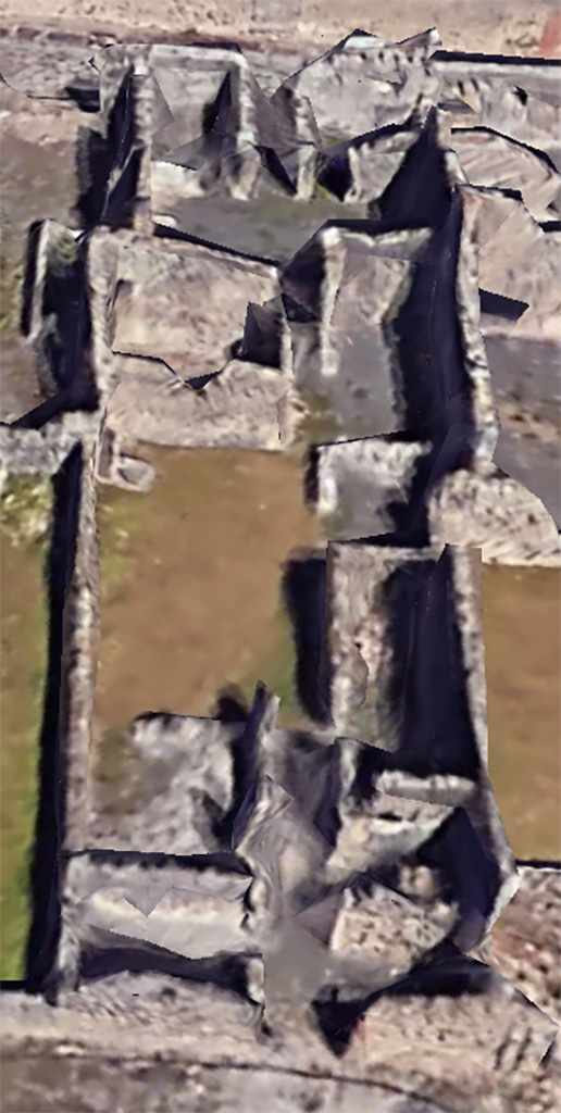VI.11.6 Pompeii. Google Earth. 2023.
Looking east from VI.11.6 entrance doorway, lower centre, towards VI.11.13, upper centre .