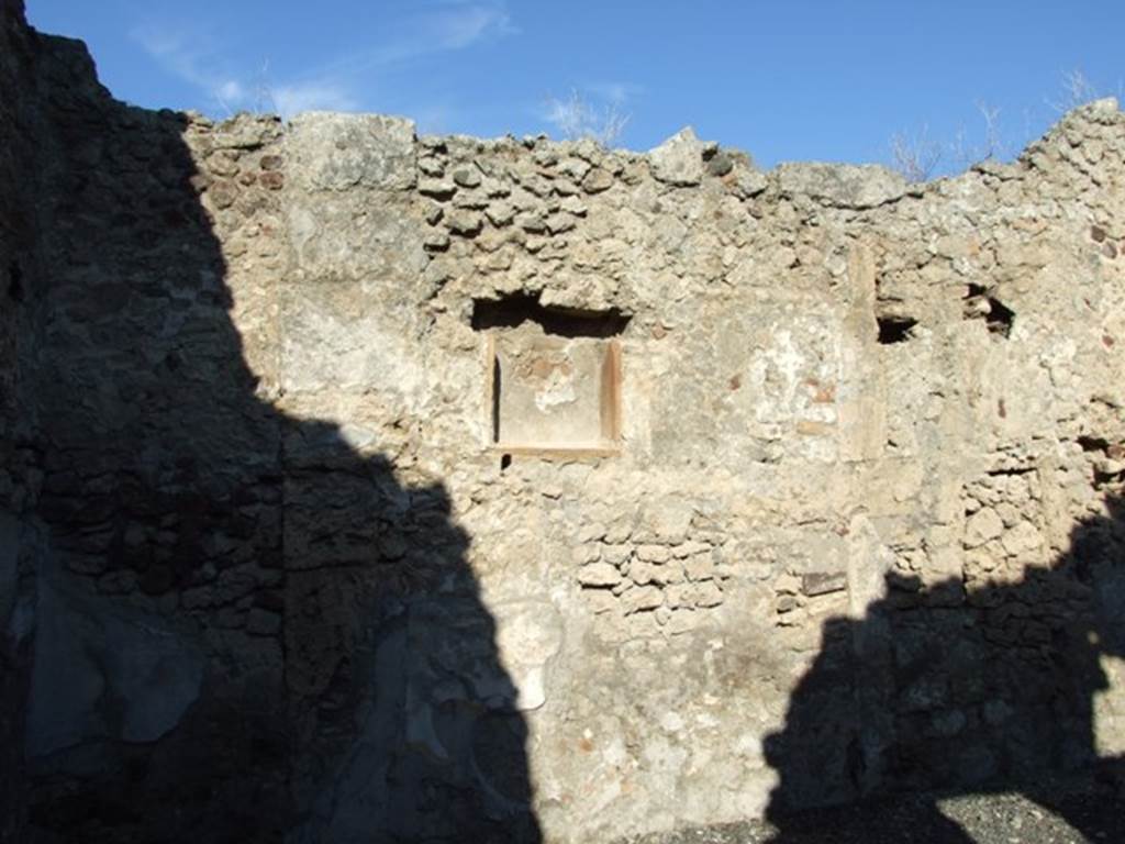 VI.11.8 Pompeii. December 2007. Room 50, niche.
According to Boyce, in the north wall of the atrium were the ruins of a rectangular niche.
This was originally adorned with a stucco aedicula façade and decorated with painted ornaments.
On the inside the ornaments were red leaves, and on the outside arabesques and a peacock.
On the wall below the niche was a painting of two large serpents confronted at an altar imitating coloured marble.
The altar was furnished with offerings on the top and above the serpents was a garland.
See Boyce G. K., 1937. Corpus of the Lararia of Pompeii. Rome: MAAR 14. (p.50, no.182)
