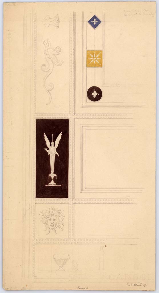 VI.11.9 Pompeii. November 1849. 
Room 21, south end of arch in tepidarium of baths complex, drawing by Laurits Albert Winstrup. 
Photo � Danmarks Kunstbibliotek, inventory number ark_6179.

