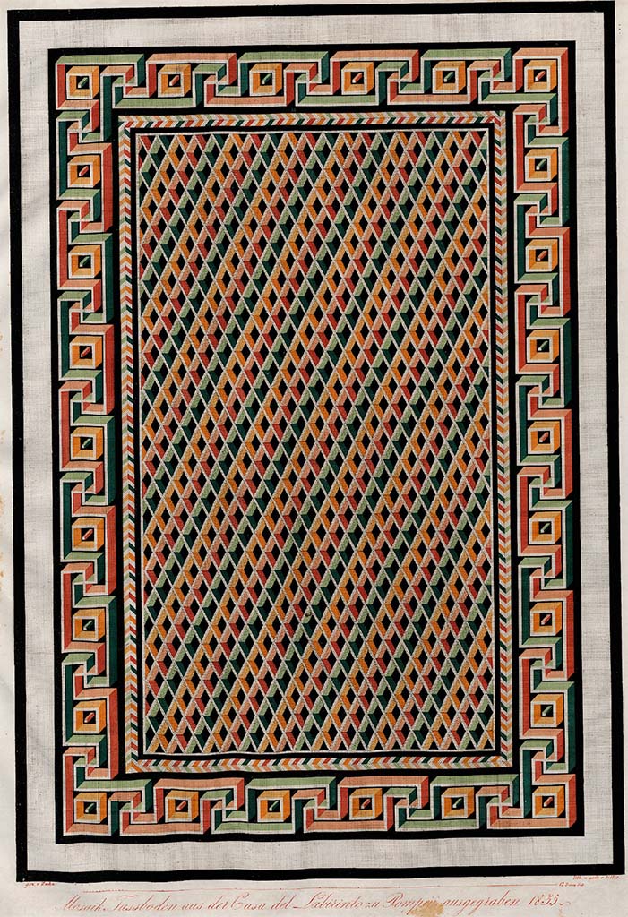 VI.11.10 Pompeii. 1842. Room 40 exedra, painting by Zahn, soon after its discovery, of multi-coloured mosaic floor with a meander surrounding a rhomboid pattern.
See Zahn, W., 1842. Die sch�nsten Ornamente und merkw�rdigsten Gem�lde aus Pompeji, Herkulanum und Stabiae: II. Berlin: Reimer, Taf. 99.
