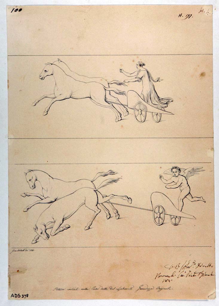 VI.11.10 Pompeii. 
Drawing by Giuseppe Abbate, 1841, of a frieze showing a chariot driven by a Vittoria and by a Cupid, from exedra 40.
Now in Naples Archaeological Museum. Inventory number ADS 378.
Photo � ICCD. https://www.catalogo.beniculturali.it
Utilizzabili alle condizioni della licenza Attribuzione - Non commerciale - Condividi allo stesso modo 2.5 Italia (CC BY-NC-SA 2.5 IT)
