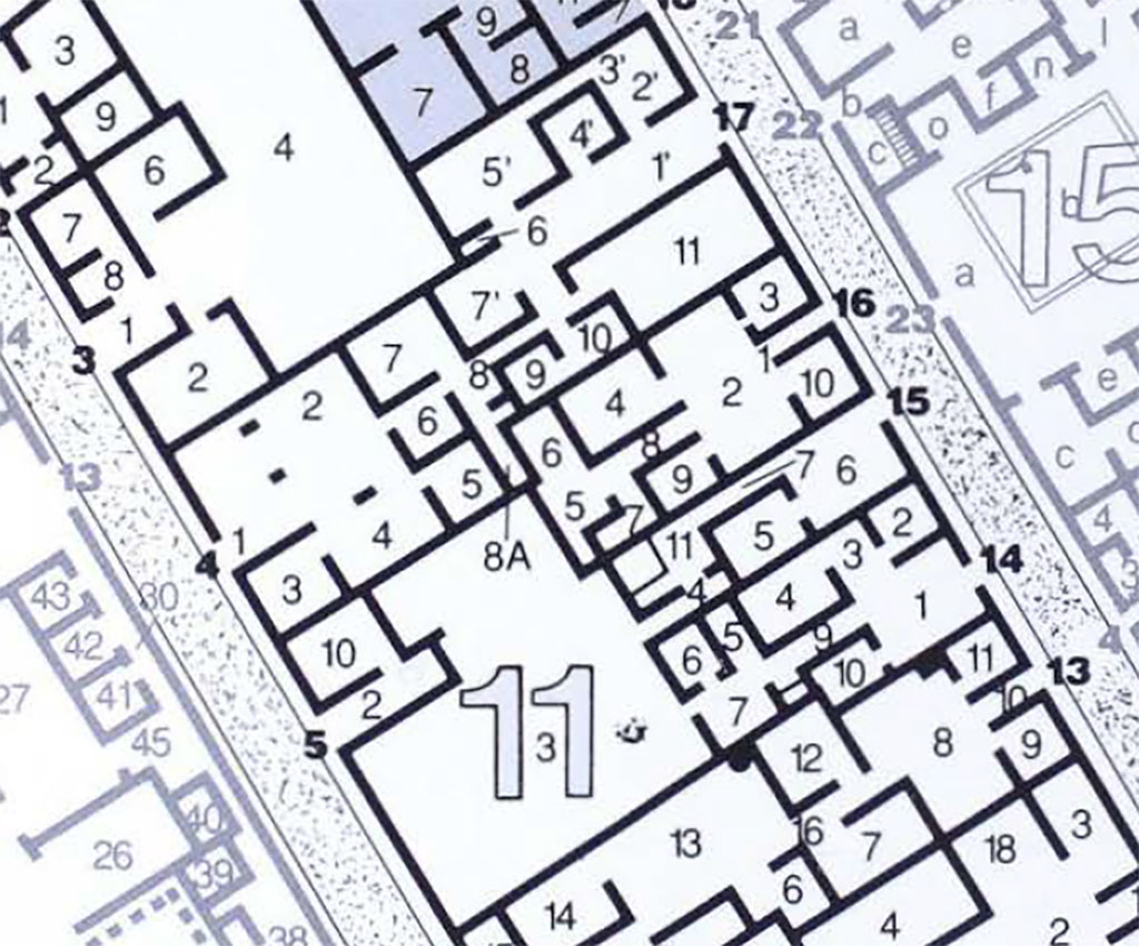 VI.11.16 Pompeii. Plan including VI.11.5 and VI.11.15. VI.11.4/17 is also shown.
See Carratelli, G. P., 1990-2003. Pompei: Pitture e Mosaici: Vol. V. Roma: Istituto della enciclopedia italiana, p. 76.