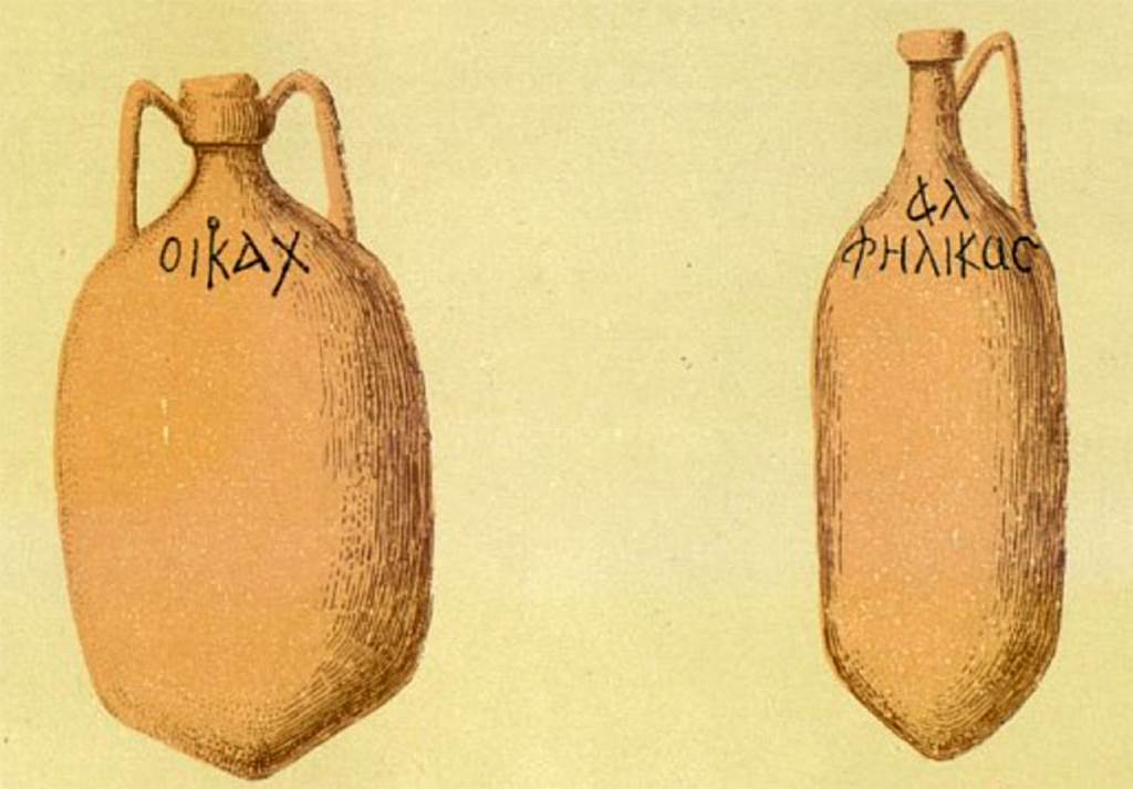 VI.13.17 Pompeii. 1874 painting by Discanno of two amphorae with their ancient labels.
The house belonged to a wine-merchant, who lived on the other side of the insula at VI.13.16, and had a bar on this side of the insula. 
Many wine amphorae were found in the garden area �e�, which were interesting because of their Greek inscriptions. 
Presuhn reproduced a drawing by Discanno of two of the amphorae with their ancient writing.
He suggests the names designate the owners of the different cr�s of wine, �as well as nowadays they say: Marsala Florio, or Champagne Mo�t�.
See Presuhn, E. Pompei les derni�res fouilles de 1874-75. Section VI, page 5, plate III.
