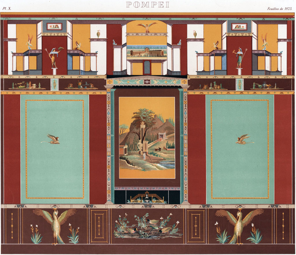 VI.14.20 Pompeii. c.1886. Room 10, painting by D’Amelio showing north wall of triclinium.
See D’Amelio P., 1886. Dipinti Murali di Pompei. Naples: Richter. Pl. X.
