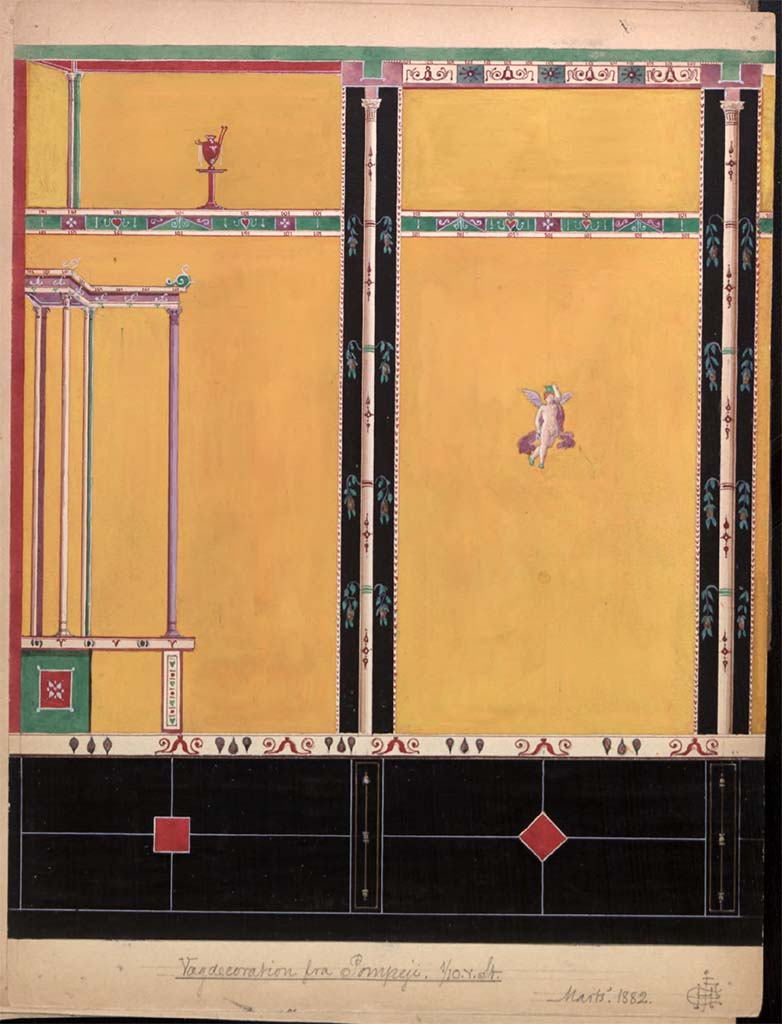  
VI.14.20 Pompeii. March 1882. 
Painting by Hector Estrup (1854-1904) from his Sketchbook 1882, from south wall of room 13.
Photo � Danmarks Kunstbibliotek, inventory number 52694
See Skitsebog Hector Estrup (1854-1904) Italiensrejse 1882, pl. 10. 
� Danmarks Kunstbibliotek, inventory number 52694.
http://kunstbib.dk/en/collections/sketchbooks/sketchbooks/000036205
