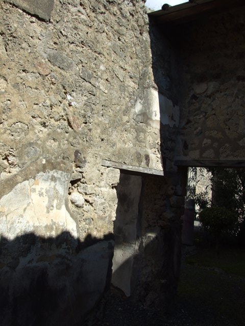 VI.14.20 Pompeii. March 2009. Room 15, west wall of triclinium with remains of painted plaster.