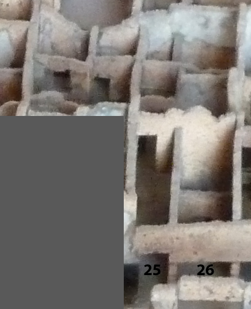 VI.14.26 Pompeii. December 2004. Looking over wall in rear room, showing doorway in VI.14.25 near collapse – repaired by May 2005

