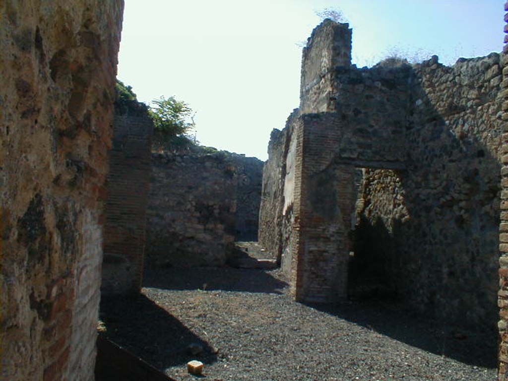 VI.14.30 Pompeii. September 2004.
Looking west across atrium towards tablinum with doorway to corridor linking to VI.14.32 in its west wall.
On the right would have been the doorway to the beginning of the stairs that led to a room above the tablinum.
According to BdI, the flooring of both the fauces and atrium were of a type of opus Signinum.
In this case, lines of white stones were used instead of crushed brick.
The impluvium of the Tuscanic atrium was faced with real opus Signinum.
The place of the tablinum was occupied by a room that was not open onto the atrium in its usual entire width.
The tablinum was entered by two doors from the atrium, the largest on the right side.
A third doorway in the south (left) side of the tablinum led into the small garden area.
A fourth doorway was in the west wall of the tablinum.
Also found on the west wall were fragments of the dado.
See Bullettino dell’Instituto di Corrispondenza Archeologica (DAIR), 1876, (p.52-3)