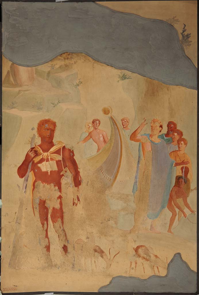 VI.14.30 Pompeii. Painting by Geremia Discanno, of Polyphemus and Aeneas, from north wall of tablinum.
Now in Naples Archaeological Museum. Inventory number ADS 1214.
Photo © ICCD. http://www.catalogo.beniculturali.it
Utilizzabili alle condizioni della licenza Attribuzione - Non commerciale - Condividi allo stesso modo 2.5 Italia (CC BY-NC-SA 2.5 IT)
Original now in Naples Archaeological Museum, inventory number 111211.