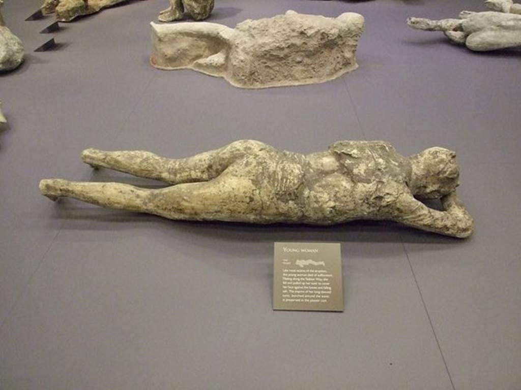 Cast of woman with her tunic raised over her head. Found 23rd April 1875 in NE corner of VI.14 in middle of Via Stabinaa at height of 4m above ground. Photographed at “A Day in Pompeii” exhibition at Melbourne Museum. September 2009. See Garcia y Garcia, L., 2006. Danni di guerra a Pompei. Rome: L’Erma di Bretschneider. (p.192, Figs 445-7). See Giornale degli Scavi di Pompei, N.S. 3, 1877, Column 173, n.23.