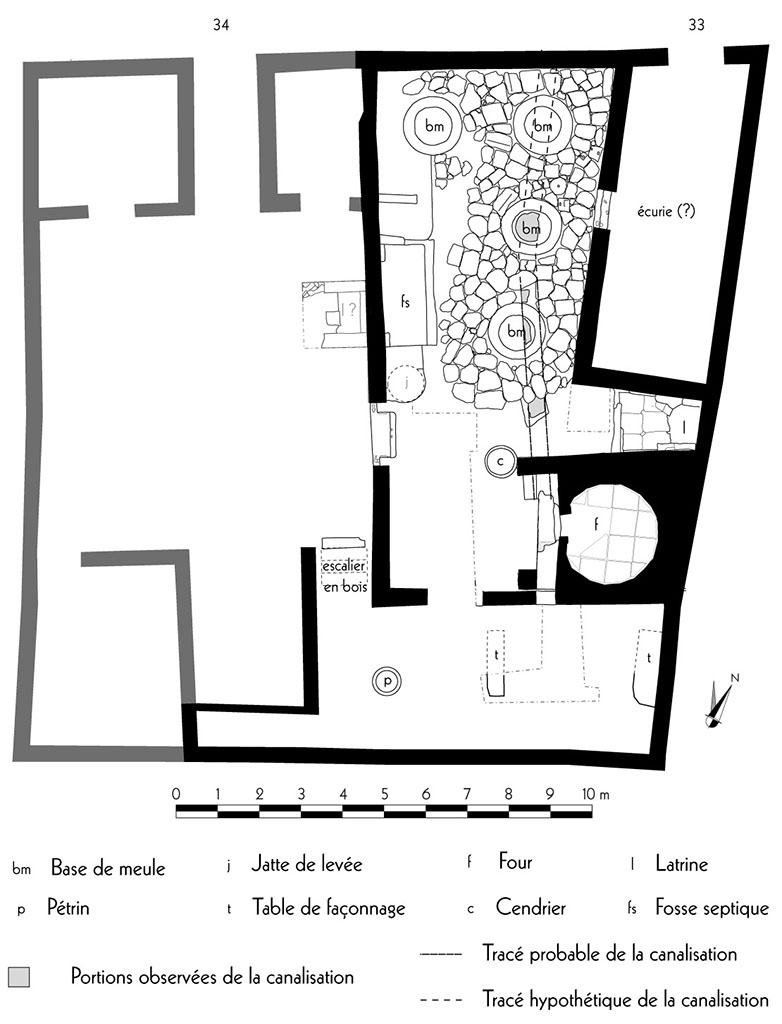 Fig. 13 - Pomp�i Pistrina. Plan de la boulangerie VI 14, 33-34.
Relev� : S. Aho, E. Proudfoot, Th. Derrick ; DAO : R. Macario, N. Monteix ; �chelle 1/100.
