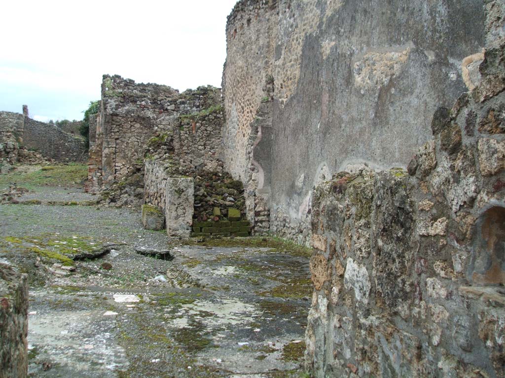 VI.14.39 Pompeii. December 2004.
Looking east from entrance doorway, across atrium and tablinum, garden area, and exedra at the very rear overlooking the garden.
According to Garcia y Garcia, the same bomb that damaged the previous house also brought down this one.
It now appears completely ruined.
The dividing wall between VI.14.38 and 39 does not exist anymore.
Of the two staircases, one going up to the first floor, the other going down to the basement, no traces remain.
The IV Style painted plaster also perished.
See Garcia y Garcia, L., 2006. Danni di guerra a Pompei. Rome: L’Erma di Bretschneider. (p.93-4, incl. photos by Tatiana Warscher).
According to Jashemski, the small garden (approximately the green area on the left of the above photo) had a narrow portico.
This portico on the north was supported by two columns and an engaged column.
The terrace, or loggia, was on the east side. The exedra was at the eastern rear side of the terrace, and overlooked the garden.
Both the terrace and exedra were 0.95m above the garden and could be reached by four steps.
Another set of steps on the left (north) led to a basement area.
Another roof covered the terrace and steps.
There was a terracotta puteal near the two columns in the garden.
Also found near the south wall was a circular basin of grey marble, supported by a cylindrical foot of cipolin.
See Jashemski, W. F., 1993. The Gardens of Pompeii, Volume II: Appendices. New York: Caratzas. (p.151)