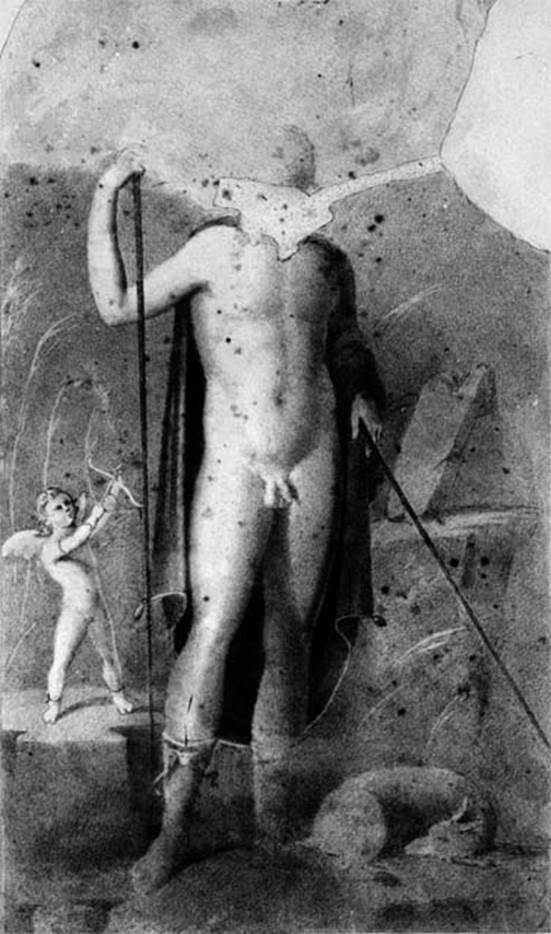 VI.14.39 Pompeii. Exedra. Old undated photograph of painting of Cyparissus being aimed at by cupid. According to Schefold, this was found in room “i”, an exedra.
See Schefold, K., 1962. Vergessenes Pompeji. Bern: Francke. (p.73, Pl. 54, 3)
According to Sogliano, the painting was from exedra “L”.
See Sogliano, A., 1879. Le pitture murali campane scoverte negli anni 1867-79. Napoli: Giannini. (p. 28, no. 110).
According to PPP, the painting was found in the central panel of the north wall of exedra “m”.
See Bragantini, de Vos, Badoni, 1983. Pitture e Pavimenti di Pompei, Parte 2. Rome: ICCD. (p.294).
According to Mau, this was the most important 2nd Style painting found in the house.
In exedra, room “i”, on both of the interior entrance areas of the room were paintings of hanging fish, as seen in many examples in Naples Museum. On the left wall in the central panel was a large painting, although it was rather damaged. It showed a young man (Cyparissus), naked other than yellow boots laced up his legs and a cloak of purple covering his back and left arm. In his right hand he held a spear, with another one under his left arm. At his feet lay an animal, perhaps a deer or goat? His painted head was lost. On his left was a cupid, in the act of firing his arrow. See Mau in BdI, 1878, (p.92)