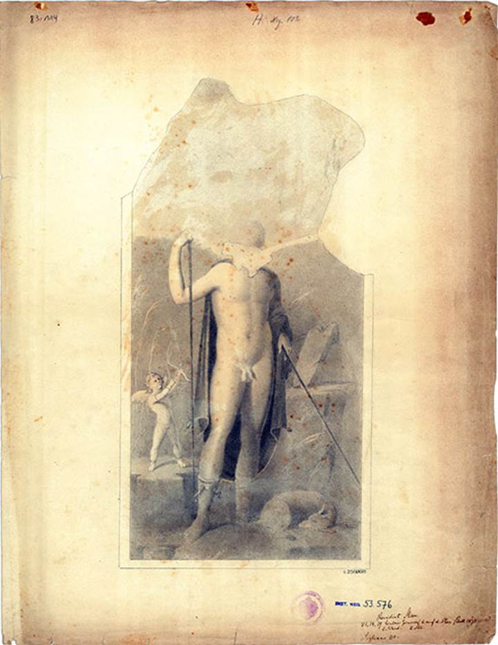 VI.14.39 Pompeii. Exedra. Drawing by G. Discanno of painting of Cyparissus being aimed at by cupid.
DAIR describe it as Drawing: Cupid shoots an arrow at a young hunter.
Rear room. Left wall. Second style.
DAIR 83.114. Photo © Deutsches Archäologisches Institut, Abteilung Rom, Arkiv.
See http://arachne.uni-koeln.de/item/reproduktion/3315429