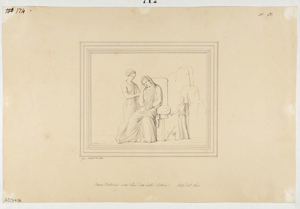 VI.14.42 Pompeii. Drawing by Giuseppe Abbate, 1846, of painting found on east wall in cubiculum on south side of tablinum.
Now in Naples Archaeological Museum. Inventory number ADS 426.
Photo � ICCD. http://www.catalogo.beniculturali.it
Utilizzabili alle condizioni della licenza Attribuzione - Non commerciale - Condividi allo stesso modo 2.5 Italia (CC BY-NC-SA 2.5 IT)

