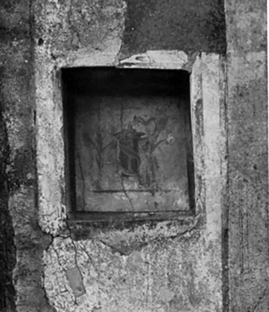 VI.14.43 Pompeii. 1930s. Niche with painted altar with plants and serpent.
See Boyce G. K., 1937. Corpus of the Lararia of Pompeii. Rome: MAAR 14. (p.54, no.209, with Pl.8,2)