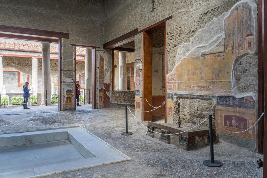 VI.15.1 Pompeii. March 2023.
Looking north-west towards north ala, in centre, from east end near entrance doorway. Photo courtesy of Johannes Eber.