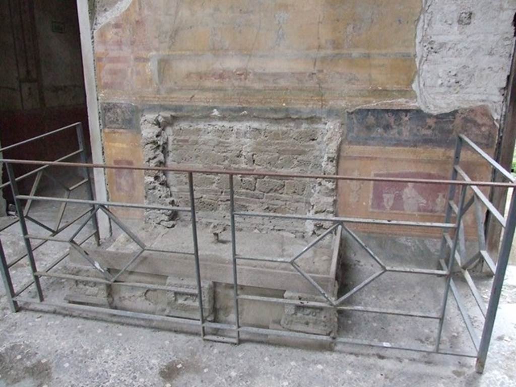VI.15.1 Pompeii. December 2006. Looking towards north side of atrium.
The remains of a masonry base that would have supported an iron and bronze strongbox or safe.
There were no remains of a strongbox.