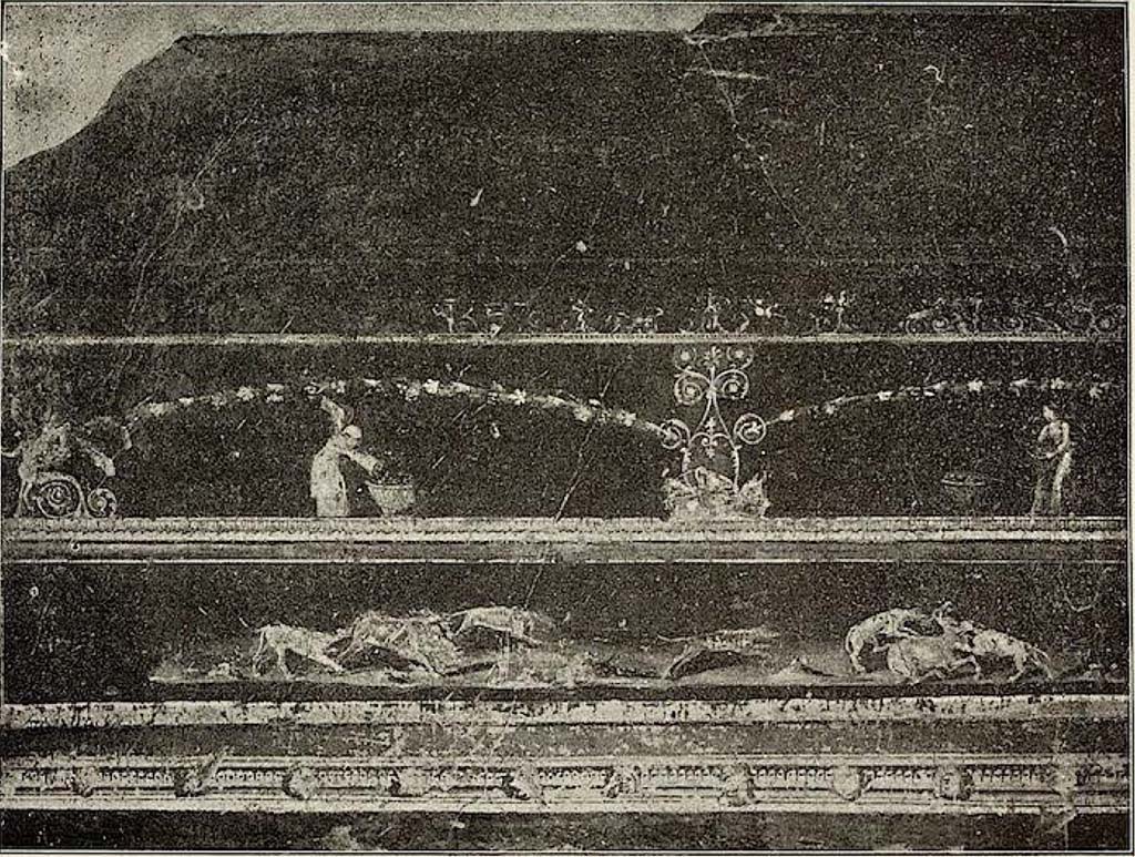VI.15.1 Pompeii. North wall of atrium, detail from panel above strong-box.
According to Sogliano –
“In the middle of the panel was a large painting of which unfortunately only the lower right corner remains, in which one sees two feet (perhaps female), with sandals, and part of a figure of a Cupid. The lower part of the panel is divided into two panels (see above, fig.6).
In the centre of the upper panel there is a low basket containing vases, behind which rises a decoration, from which two shoots emerge in opposite directions, describing a slight curve. On the right-side stands a winged female figure, who with both hands strives to support a large calathus perhaps full of grapes: in front of her is another high basket. On the left is another winged female figure, in the act of emptying the calathus into a high basket. In the lower panels a hunt can be seen, with a wild boar and a doe being attacked by dogs.”
See Sogliano, A, La Casa dei Vettii, in Mon. Ant. 1898, fig.6 p.250-251.