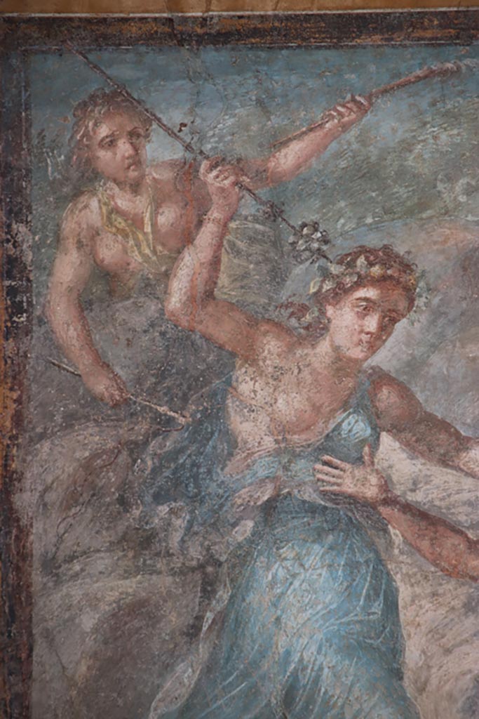 VI.15.1 Pompeii. October 2023.
Detail from upper left of painting of the death of Pentheus, from east wall of exedra.
Photo courtesy of Klaus Heese.