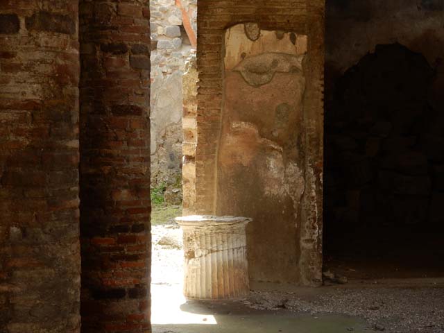 VI.15.9 Pompeii. March 2009. Kitchen area, base of stairs leading to a loft or pergula. Looking south.