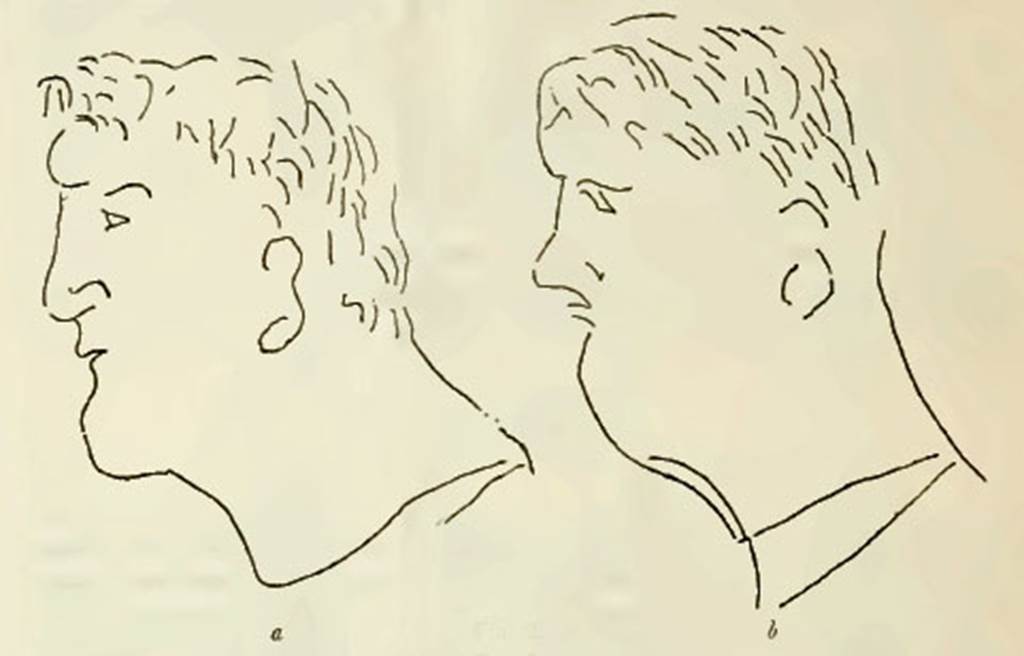 VI.15.16 Pompeii. Drawings of two men�s heads found on the north wall. The first was 0.15m high. The second was 0.16m high. Under the lower head was another human foot and a hand. See Notizie degli Scavi, November 1897, (p.462, fig. 2).
