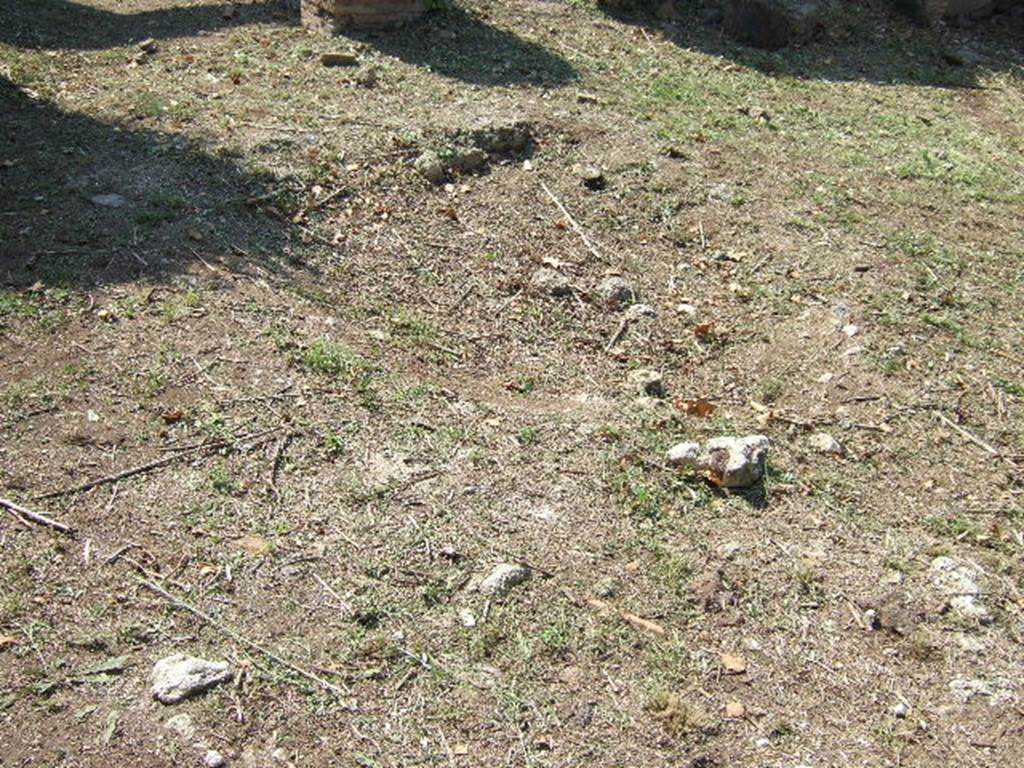 VI.15.20 Pompeii. September 2005. Remains of impluvium in atrium.According to NdS, in the middle was the impluvium that had a rather high parapet wall, which was curved internally.
On the east side of the impluvium, there was a terracotta puteal.