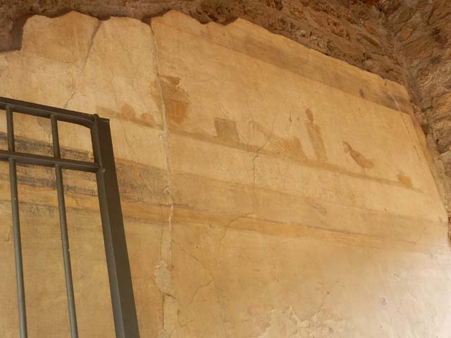 VI.16.7 Pompeii. May 2010. Room C, faded remains of wall painting of Leda and the swan? from north wall