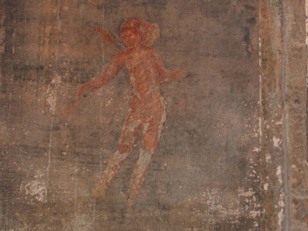 VI.16.7 Pompeii. December 2004.
Detail of painted floating figure from west wall of portico in south-west corner on south side of doorway to large triclinium O.