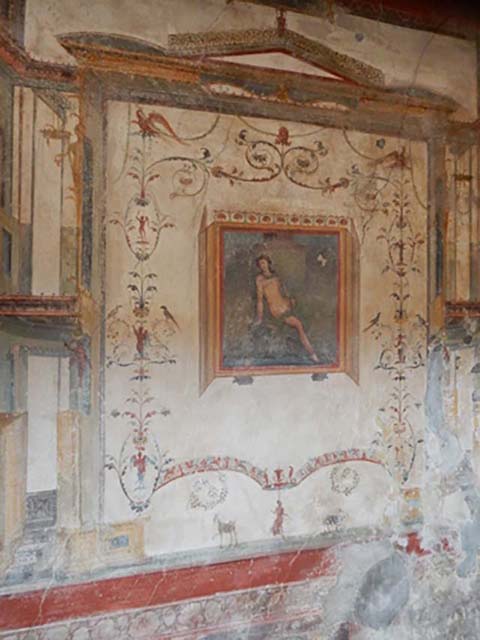 VI.16.15 Pompeii. December 2006. West wall of room in centre of South wall of Atrium. Detail of wall painting of plants.
