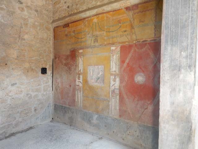 VI.16.15 Pompeii.  December 2006.   East wall of room in centre of South wall of Atrium.   Detail of wall painting of plants.
