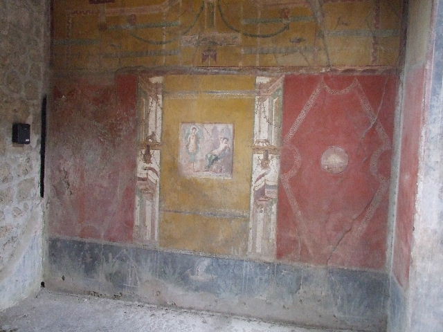 VI.16.15 Pompeii.  December 2006.   East wall of room in centre of South wall of Atrium.   Detail of wall painting of panther, head and peacock.
