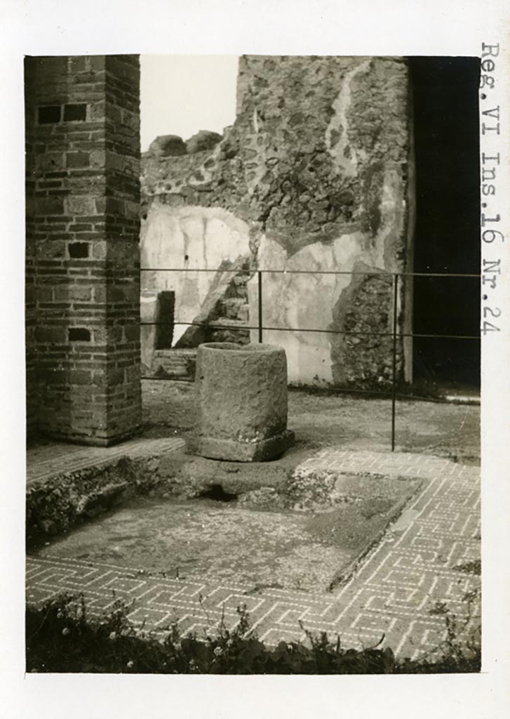 VI.16.26 Pompeii but shown on photo as VI.16.24. Pre-1937-39.
Looking north across impluvium in atrium. (See also VI.16.27 for more photos).
Photo courtesy of American Academy in Rome, Photographic Archive. Warsher collection no. 1441.
