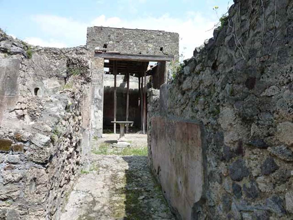 VI.16.28 Pompeii. March 2009. Room 1, north wall. According to Hobson, there are three down-pipes in this property, two of which may be associated with upper floor latrines. A down-pipe can be seen in the north-west corner of room 1. See Hobson, B. 2009. Pompeii, Latrines and Down Pipes. Oxford, Hadrian Books, (p.290,294-5)