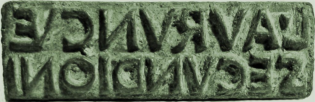 VI.16.32/33 Pompeii. 14th June 1904. Bronze sigillo or stamp of L. Aurunculeius Secundio.
It reads L. AVRVNC(VL)E SECVNDIONI or (Produce of?) Lucius Aurunculeius Secundio.
Photographed at “A Day in Pompeii” exhibition at Melbourne Museum. September 2009.
SAP inventory number 55814.
According to the Epigraphic Database Roma the SAP inventory number is 3318.
According to Della Corte, the family Aurunculei were not otherwise known in Pompeii.
This Secundio may have been a freedman who moved to Pompeii after gaining his liberty.
One of the two seal/signets found, indicated to Della Corte the name of the house host.
It read on the base –
L. AVRVNCVLEI
SECVNDIONIS
And on the bezel L. A. S
The other seal/signet only showed the initials A. B….. L…..
See Della Corte, M., 1965. Case ed Abitanti di Pompei. Napoli: Fausto Fiorentino. (Pages 71-2, Item 95, and S8 and S10).