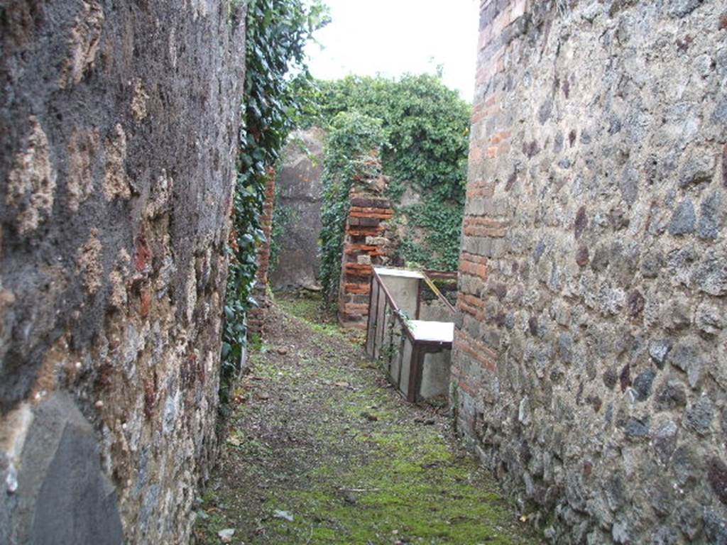 VI.16.35 Pompeii. December 2007. Looking east from entrance doorway across fauces A towards atrium B, towards small corridor G leading to rear rooms. The rise in the floor of the corridor in the centre of the photo, would be the remains of the steps. On the right, on the east side of the atrium, the small tablinum can be seen.
According to NdS, the small atrium B was bare-walled and the floor was Opus signinum.
At the time of excavation it was noted for its impluvium “a”. This had a very high edge, faced with cocciopesto which had some pieces of encrusted marble in the upper horizontal surface. Running around the inside part was a decoration of lines of yellow stucco in relief, and in each of the four corners, small palms, also in relief. The background consisted of a large disc of white marble and around it pieces of marble of various colours. The walls of the atrium were decorated with simple white plaster, the floor was of cocciopesto and formed a continuation with the floor of the fauces. At the extreme right of the northern wall of the atrium were three steps in masonry, plaster coated. Following these, a staircase also in masonry recessed between rooms E and H, leading to the upper floor.
On the east side of atrium B opened the full-width tablinum C. It had bare walls and its floor was Opus signinum, similar to the atrium and fauces. The left jamb would have been of wood, and it corresponded on the right with a brick pilaster. In the east wall of the tablinum would have been a wide window which would have had a wooden window-sill. This window gave light into room F, which was all faced with cocciopesto.
On the west side of the atrium was a doorway into room D, this doorway had wooden jambs and a threshold of masonry forming a step. The room did not provide anything notable, it had cocciopesto flooring and walls with a white background divided by red lines into large panels. In the west wall was a window overlooking Vicolo dei Vettii.
On the north side of the atrium was a doorway which was to the left of the aforementioned stairs, this led into room E. The doorway had wooden jambs and it seemed also, a threshold of wood. The rectangular room had a floor of cocciopesto and walls with a high plinth of brick plaster. In the south wall a small window protruded into the atrium.
Room G was a rather narrow corridor, whose entrance from the atrium had a wooden threshold. In its eastern half it was only separated from room F by a low wall. In the corner of this low wall and the east wall, the mouth of a tank made of terracotta, covered in robust masonry was found, “b”.
Room H opened from the north side of corridor G, its doorway had a lava threshold and originally would have had wooden door-jambs. This room did not offer any other decoration other than the usual brick plaster plinth on the walls, and floor of cocciopesto. A pile of lime was in the north-west corner. To the right of the doorway in the south wall, was a window into corridor G, and in the west wall was a room under the stairs. This room was transformed into an apotheca, as proved by the holes for the shelving supports. See Notizie degli Scavi, 1908, (p.359-363)