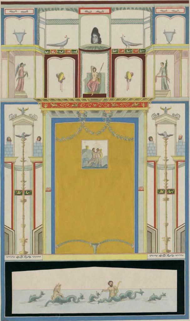 1828 painting by Raoul Rochette of a wall with a central painting of Chiron playing his lyre to Achilles.