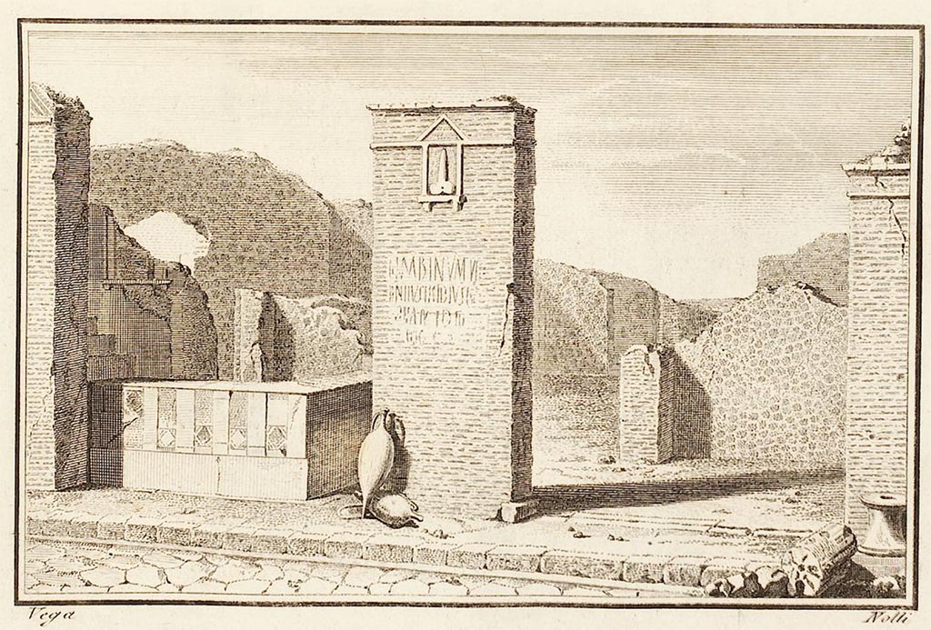 VI.17.4/3 Pompeii. 1771 drawing of entrances and plaque with electoral slogan underneath. 
In AdE the location is described as near the gate and along the ancient road of this city.
See Antichit� di Ercolano: Tomo Sesto: Bronzi 2 � Statue, 1771, vignette, p. 393.

