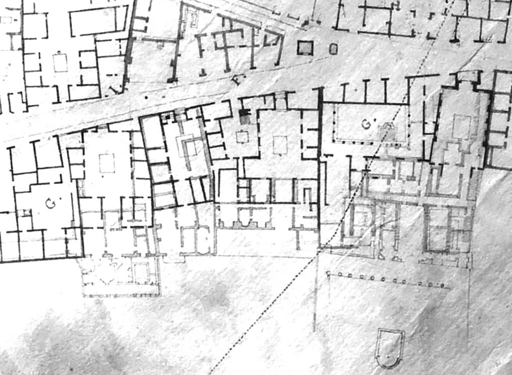 VI.17.9, on left with letter G, then followed by 10, then 13, 16-17, and 23-25, on right.
Part of a plan by Francesco La Vega c.1800-1810. Now in Naples Museum.
DAIR 76.1262. Photo © Deutsches Archäologisches Institut, Abteilung Rom, Arkiv.
