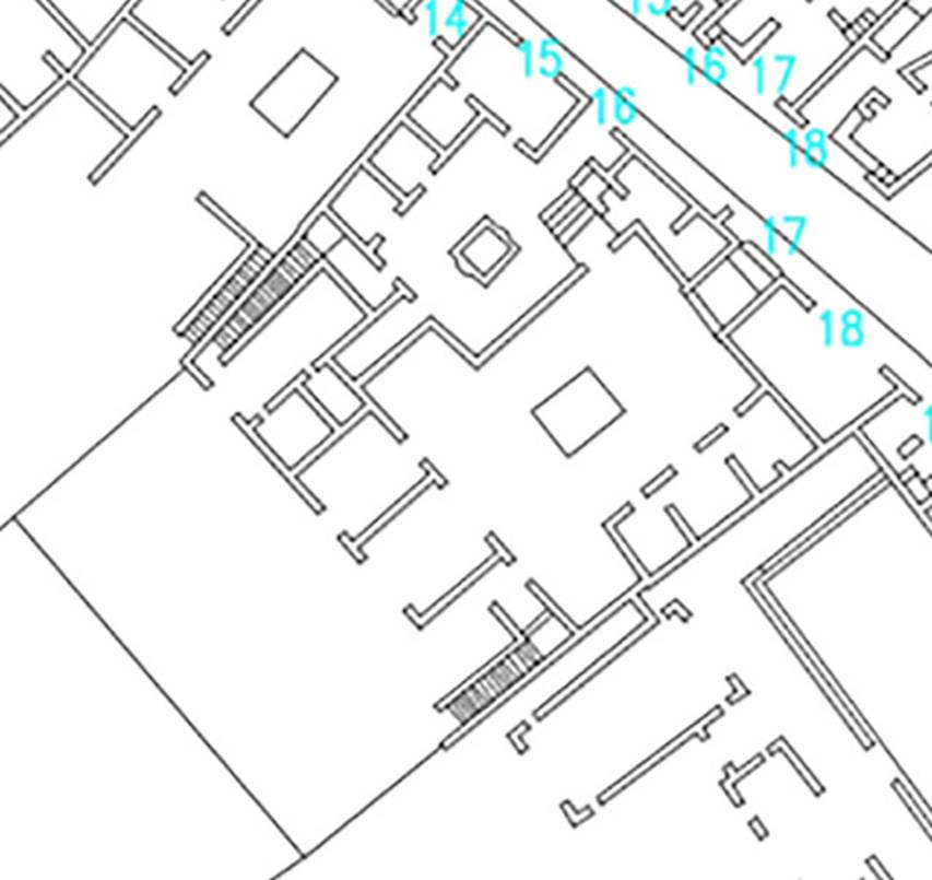 VI.17.15 shop, 16, 17, combined plan. Plan courtesy of Dobbins, J. J. and Foss, P. W., 2008. The World of Pompeii. Oxford: Routledge (CDRom).
According to Fiorelli �
VI.17.15-18 � �Due case unite costituivano forse l�abitazione di una sola famiglia.  Esse avevano due ingressi separati sulla strada e due botteghe, stando in relazione tra loro per gli atrii, entrambi tuscanici, e ciascuno con tre cubicoli da un solo lato.
La prima inoltre no.16, teneva accanto allo ingresso la cucina, poco piu innanza la gradinata che la metteva in communicazione con la casa seguente, e nel fondo il triclinio, una seconda scalinata, e due oeci.
La seconda, casa no.17, che sembra la piu nobile, conteneva le ali, il tablino, due fauci, ed un�altra gradinata di discesa. 
L�edificio poi era terminato nel piano piu alto con un loggiato, che ora era distrutto.
In uno dei pilastri che fronteggiano la strada leggevasi:
M . CERRINIVM
AED . SALINIENSIS
               ROG                          �)
See Fiorelli, G. (1875). Descrizione, (p.433)
See Pappalardo, U., 2001. La Descrizione di Pompei per Giuseppe Fiorelli (1875). Napoli: Massa Editore. (p.159)
(translation �
"Two united houses constituting perhaps the dwelling of a single family. They had two separate entrances on the roadway and two shops, linked to the atriums, both atriums were Tuscanic, and each with three cubicula only on one side.
The first No. 16, had the kitchen near to the entrance doorway, nearby were the the steps linking with the next house, and at the rear was the triclinium, a second stairway, and two oeci.
The second, house No. 17, which seemed the most noble, contained ala, the tablinum, two corridors, and another steps leading down. 
The building was finished on the highest floor with a loggia, which was now destroyed. 
In one of the pillars that fronted onto the roadway, the following could have been read -
M . CERRINIVM
AED . SALINIENSIS
               ROG                           �)
