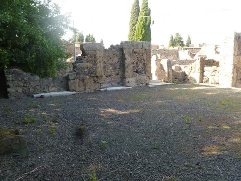 VI.17.17 Pompeii. May 2011. Looking along north side of atrium towards the north-east corner. Although Fiorelli stated there were only rooms on one side of the atrium, see below, there are definitely three thresholds on the north side (as well as three rooms with thresholds on the south side). The doorways on the north side (now blocked) were ancient. 
Fiorelli -�Esse avevano due ingressi separati sulla strada e due botteghe, stando in relazione tra loro per gli atrii, entrambi tuscanici, e ciascuno con tre cubicoli da un solo lato�.
(translation -They had two separate entrances on the roadway and two shops, linked to the atriums, both atriums were Tuscanic, and each with three cubicula only on one side.)
