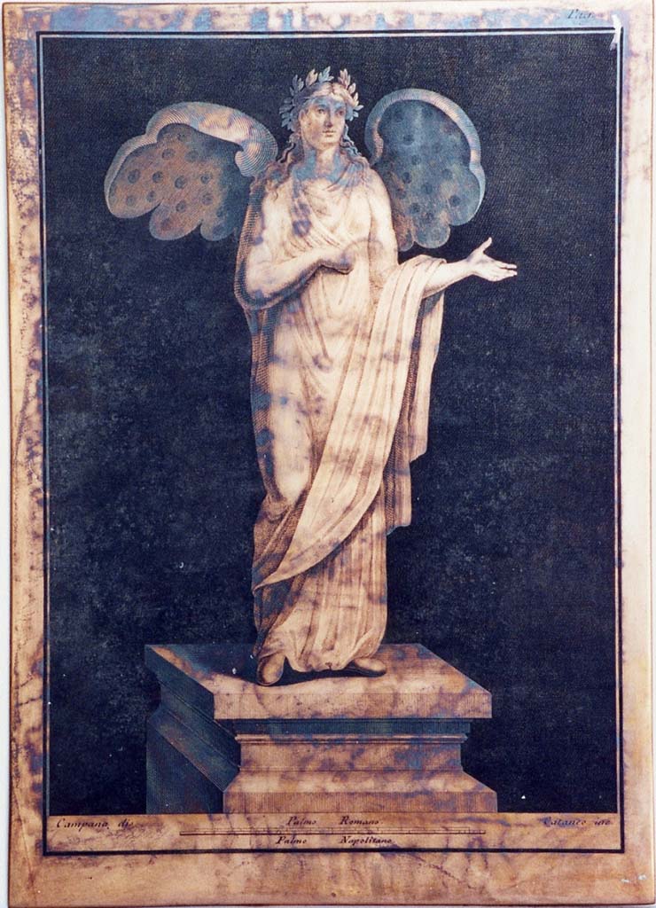 VI.17.25 Pompeii. Winged female figure with arm and hand outstretched on pedestal. Drawing by Vincenzo Campana engraving by Aniello Cataneo.
Now in Naples Archaeological Museum. Inventory number 350946.
Photo � ICCD. http://www.catalogo.beniculturali.it
Utilizzabili alle condizioni della licenza Attribuzione - Non commerciale - Condividi allo stesso modo 2.5 Italia (CC BY-NC-SA 2.5 IT)
The ICCD image is of a copper plate and has here been reversed to show the painting as it would have been on the wall and in print.
See Pagano, M. and Prisciandaro, R., 2006. Studio sulle provenienze degli oggetti rinvenuti negli scavi borbonici del regno di Napoli. Naples: Nicola Longobardi, p.77 and Rami Inediti 382.
See PAH, 1, 1, 305, copy above.
