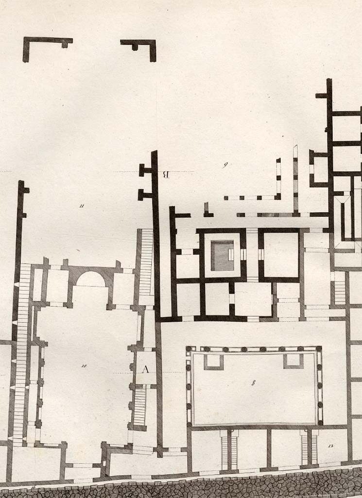 VI.17.26, on lower left, 25 entrance doorway, 24 with step to peristyle at 23.
Next to the entrance to the peristyle are numbers 22 shop, 21 shop, 20 shop, and 19 shop, on lower right Pompeii. c.1805.
Detail from plan, drawn by Piranesi, entitled �
�General plan of the continuation of the road, and the buildings adjacent (opposite) to the House of the Surgeon.� 
(Note: this house is usually described as being opposite the House of Acteon).
See Piranesi, F, 1804. Antiquit�s de la Grande Gr�ce : Tome II. Paris : Piranesi and Le Blanc, (Vol. II, Pl. XLIV).
