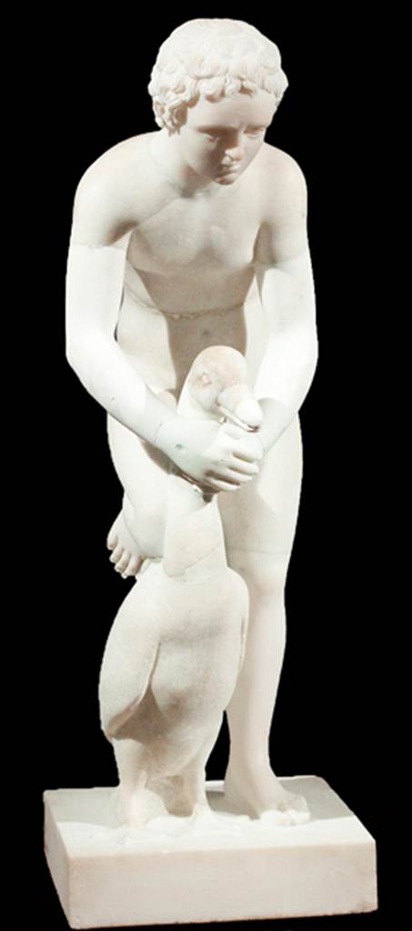 VI.17.23 Pompeii. Second (lower) peristyle. Marble fountain statuette of a boy with a goose.
Now in Naples Archaeological Museum. Inventory number 6111.
The marble fountain statuette of a boy with a goose reported as being from this house would have been a garden decoration.
See Jashemski, W. F., 1993. The Gardens of Pompeii, Volume II: Appendices. New York: Caratzas. (p.165, and plan)
See Carrella, A; D�Acunto, L.A; Inserra, N and Serpe, C. (2008). Marmorea Pompeiana nel Museo Archeologico Nazionale di Napoli: SAP no.26, p.101-102, and B37.
See Fiorelli, G. (1860): Pompeianarum Antiquitatum Historia, Vol 1, 1748-1818, (extracts from 1778-1779, below) 

