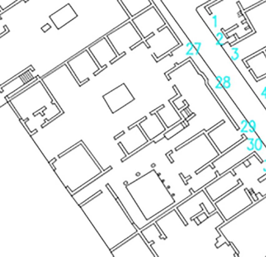 VI.17.27 Pompeii. Plan of VI.17.27, 28, 29 and 30. 
Based on Dobbins, J. J. and Foss, P. W., 2008. The World of Pompeii. Oxford: Routledge, CDRom.
According to Fiorelli �
VI.17.27-30, �La casa appresso, deformata per l�aggiunta di fabbriche moderne, aveva oltre il vestibolo ed il protiro due grandi celle ai lati della porta, con discesa dalla via nella sottostante cantina. Il suo atrio tuscanico, tenendo tre cubicoli ed un�ala da ciascun lato, mostrava in fondo il tablino, cui erano adiacenti un oecus e due cubicoli, preceduti da una cella che loro serviva di vestibolo.
Dall�ala meridionale entravasi poi nel giardino,il cui portico schiudeva il varco ad un�exedra, ad un triclinio, ad una apotheca, alla cucina, ad una gradinata per montare di sopra, e ad altre celle annesse, da una delle quali potevasi entrare nell�atrio, e da altra pervenire alla fauce, che menava alla porta secondaria della casa.�
See Fiorelli, G. (1875). Descrizione, (p.434)
See Pappalardo, U., 2001. La Descrizione di Pompei per Giuseppe Fiorelli (1875). Napoli: Massa Editore. (p.159)
(translation - 
�VI.17.27-30. The house, deformed by the addition of a modern building, had apart from the vestibule and the entrance corridor, two large rooms on either side of the doorway, with descent from the roadway into the cellar below. Its Tuscan atrium, with three cubicula and an ala on each side, showed the tablinum at the rear, adjacent to which were an oecus and two cubicula, preceded by a room that was used as a vestibule.
From the south ala, one could enter into the garden area, whose portico had the doorway to an exedra, and to a triclinium, and to an apotheca, to the kitchen, and to a staircase to go up above, and to other adjoining rooms, from one of which one could enter into the atrium, and from the other to the fauces, which lead to the secondary doorway of the house.� 
