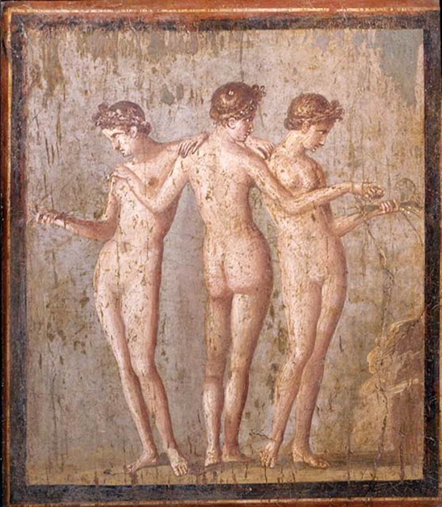VI.17.31 Pompeii. Found on 12 July 1760. Painting of the three graces.
This was found in VI Ins Occ and may have been from one of VI.17.31-36.
Now in Naples Archaeological Museum.  Inventory number 9231.
See Pagano, M. and Prisciandaro, R., 2006. Studio sulle provenienze degli oggetti rinvenuti negli scavi borbonici del regno di Napoli.  Naples: Nicola Longobardi, p. 35.
See Antichit� di Ercolano: Tomo Terzo, 1762, p. 57-61, pl. 11.
According to Mattusch, this may be from VI.17.west: 31?
See Mattusch C., 2008. Pompeii and the Roman Villa. Thames and Hudson, p. 243.

