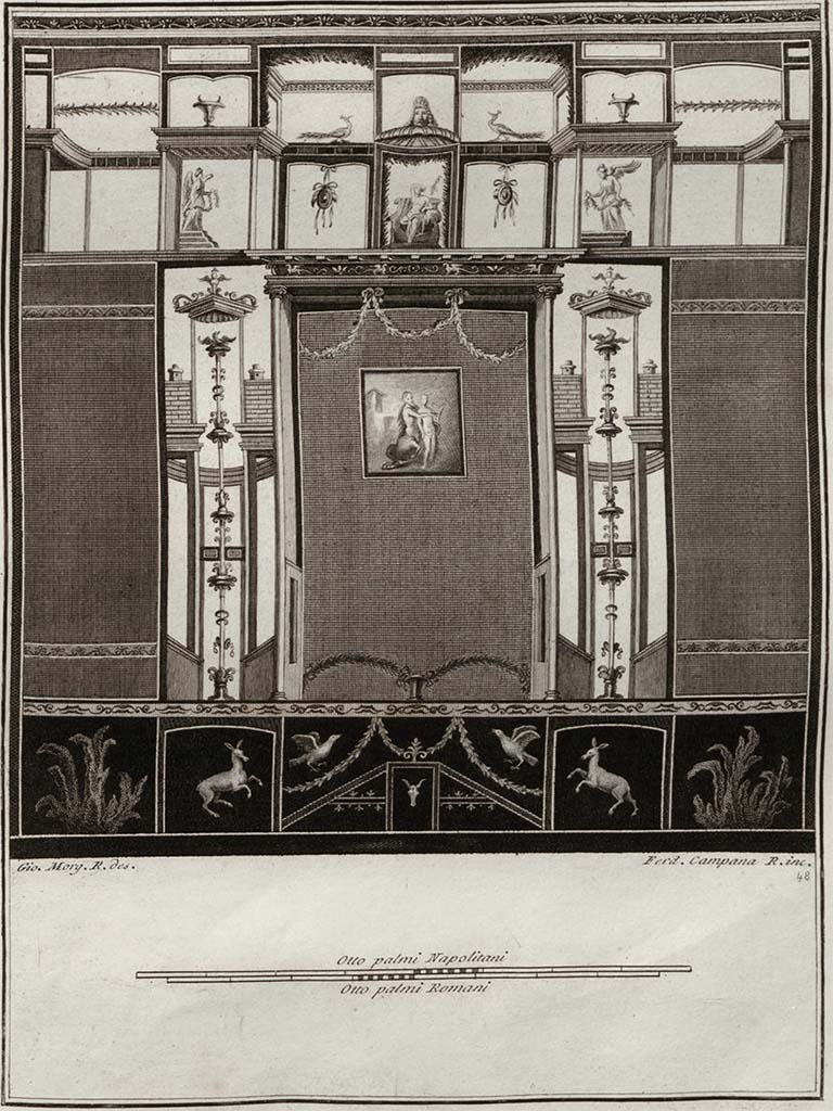 VI.17.25 Pompeii? Pre 1796. (also entered at VI.17.00).
(Note: this may or may not be from this house. It could be from the area of the Temple of Isis or a nearby house. See below.)
Although attributed by various sources to VI.17.25, the House of the Lion, or paintings from “podere di Irace”, it should be pointed out that digging was taking place in various points in the city at the same time, so we have included them here, and also in VI.17.00 under the Irace paintings, but with no specific provenance/location.)
Fresco of a wall showing a painting in the centre of Chiron playing his lyre to Achilles, the wall decorated with arabesques, figures and several animals.
See Gli ornati delle pareti ed i pavimenti delle stanze dell'antica Pompei incisi in rame: 1838, no. 48.
Also in Gli Ornati, 1808, pt.2
Also in Gli Ornati, 1796, pt.1
According to Pagano and Prisciandaro, this was found 15th September 1764, with 12 other paintings in “Podere di Irace”.
See Pagano, M. and Prisciandaro, R., 2006. Studio sulle provenienze degli oggetti rinvenuti negli scavi borbonici del regno di Napoli. Naples: Nicola Longobardi. (p.48), with reference to PAH, I, 1, 161-2.
According to PAH,
“un quadro che rappresenta un centauro in atto di suonare la lira, ed avanti a questo un fanciullo, il campo era d’aria. Si fatto dipinto era molto simile a quello pubblicato dagli Accademici Ercolanesi nel vol.1 delle pitture, rappresentante Chirone ed Achille, benché molto inferiore a quello nel merito, oltre all’essere molto patita: si riconobbe questa pittura essere stata trasportata da altro luogo, e posta sul muro dove era stata trovata, dall’unione che vi si osserva intorno.”
(Trans: "A painting representing a centaur in the act of playing the lyre, and in front of him a young person, the background was in the open air. This painting was very similar to that published by the Herculaneum Academics in vol.1 of the paintings, representing Chiron and Achilles, although much inferior to that in merit, in addition to it having suffered: it was recognized that this painting had been transported from another place, and placed on the wall where it had been found, from the join that is observed around it."
See Fiorelli G., 1860. Pompeianarum antiquitatum historia, Vol. 1: 1748 - 1818, Naples, Pars Prima, p.161-2.