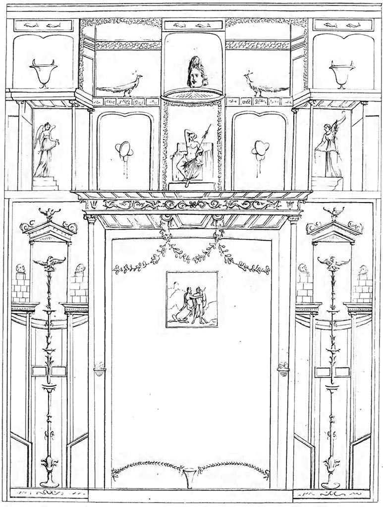 1843 drawing of a wall with a central painting of Chiron playing his lyre to Achilles.
See Raccolta de più interessante Dipinture e di più belle Musaici rinvenuti negli Scavi di Ercolano, di Pompei, e di Stabia. 1843. Napoli.